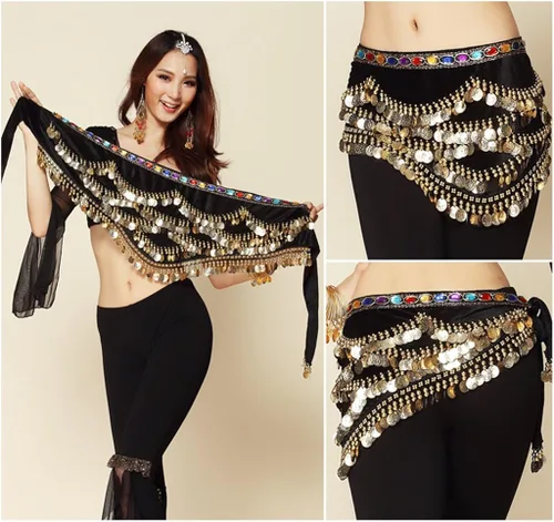 Vista 3 de Wuchieal Women's Triangular Belly Dancing Hip Scarf Wrap Skirt with Gold Coins