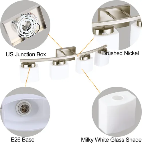 Vista 2 de Lámpara de tocador de níquel cepillado de 4 luces con pantalla de vidrio blanco para baño sobre espejo, 31.5 pulgadas