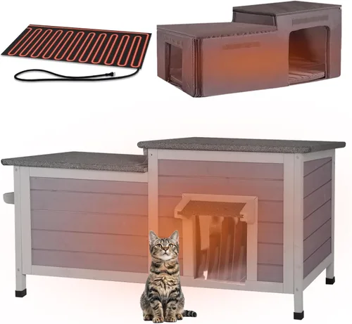 Vista 8 de Casa climatizada para gatos al aire libre, resistente a la intemperie, refugio grande para gatos con forro 100% aislado para múltiples gatos, casas