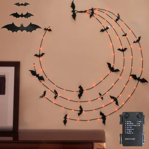 Vista 6 de Fudios Guirnalda de Halloween iluminada para decoración de pared, guirnalda de luces negras con temporizador, naranja o blanco cálido, 80 LED de 6
