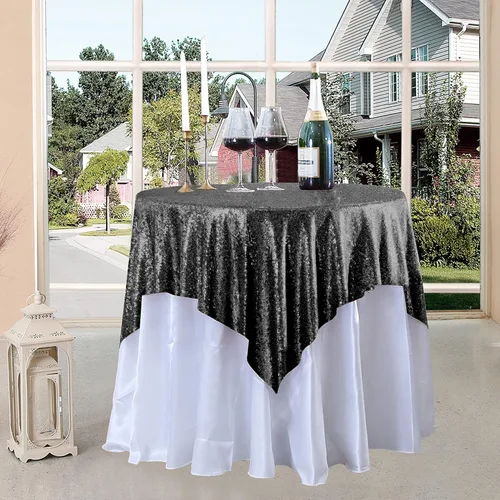 Vista 18 de Manteles redondos de lentejuelas negros para fiestas, de 121,9 cm, mantel redondo de purpurina ajustado, pequeño, lindo y dulce, para boda