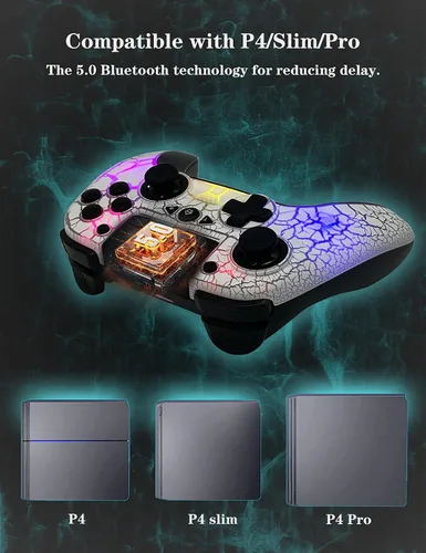 Vista 6 de Controlador inalámbrico para PS4, mando a distancia inalámbrico con diseño único agrietado8 colores LED ajustablesbotones traseros programablesSuper