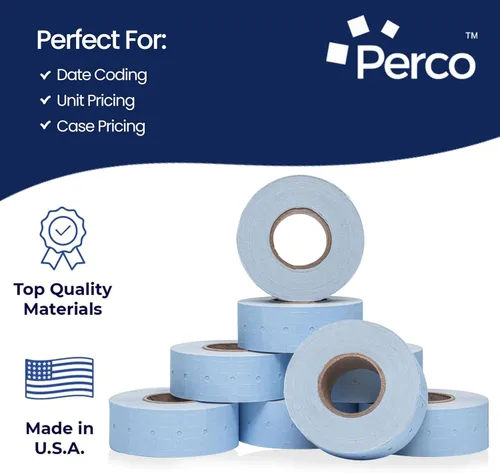 Vista 4 de Etiquetas azules Perco de 1 línea - 8 rollos, 1 funda, 8,000 etiquetas en blanco para pistolas de precio y fecha de 1 línea Perco - Fabricadas