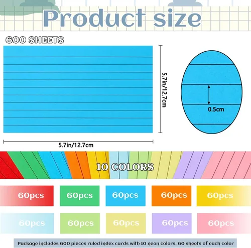 Vista 2 de Tecmisse Tarjetas de índice de 3 x 5 colores, 600 tarjetas de índice flash coloridas, tarjetas de notas, tarjetas de estudio, tarjetas flash