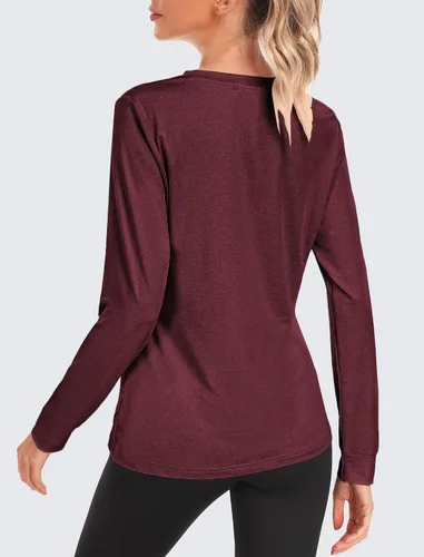 Vista 2 de Pinspark Camisetas de entrenamiento de manga larga para mujer, cuello redondo, camisetas de yoga, ligeras, atléticas, gimnasio, correr