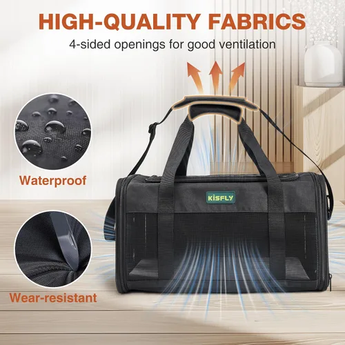 Vista 2 de Transportador para gatos y perros pequeños aprobado por aerolíneas de 17"x11"x9.5"– De lados suaves, bolsa de viaje plegable debajo del asiento