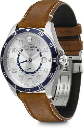 Vista 2 de Victorinox FieldForce Classic GMT, esfera blanca, correa de cuero marrón, Blanco