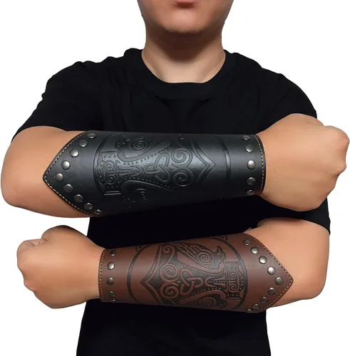Vista 3 de GelConnie Guantelete de cuero pulsera vikingo de cuero protector de brazo medieval armadura brazaletes de cuero muñequeras Cosplay