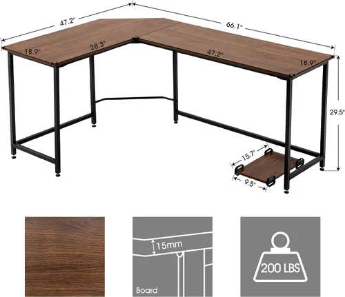Vista 3 de ivinta Escritorio para computadora en forma de L, escritorio de esquina moderno para espacio pequeño, sala de estar, dormitorio, 7121 (marrón)