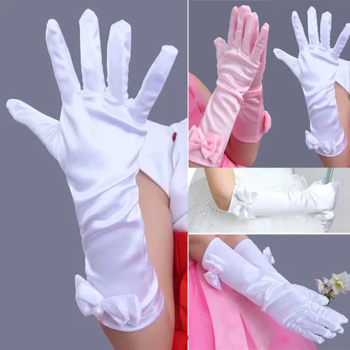Vista 2 de Joy Join Guantes de princesa para niñas pequeñas (longitud de codo largo de color sólido) para cumpleaños, boda, vacaciones, fiesta de disfraces