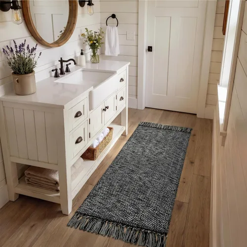 Vista 39 de Collive Alfombra de Baño Negra, 2' x 3' Tejida a Mano Lavable Alfombras Pequeñas de Cocina, Alfombra de Entrada Reversible de Algodón Alfombra