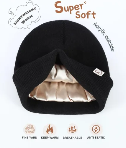 Vista 3 de Hat Hut Gorro de invierno con forro de satén para niños pequeños, gorro de punto con puños y forro de seda