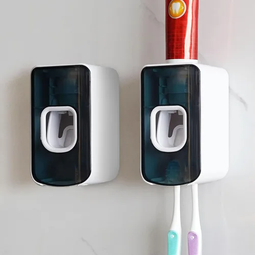 Vista 19 de Soporte de plástico para cepillos de dientes de 2 ranuras y dispensador de pasta de dientes montado en la pared, exprimidor automático de pasta