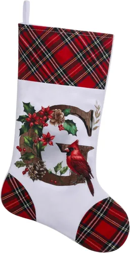 Vista 10 de Medias de Navidad personalizadas de 20 pulgadas, diseño cardenal, medias con monograma inicial para decoración colgante de chimenea, familia, letra A