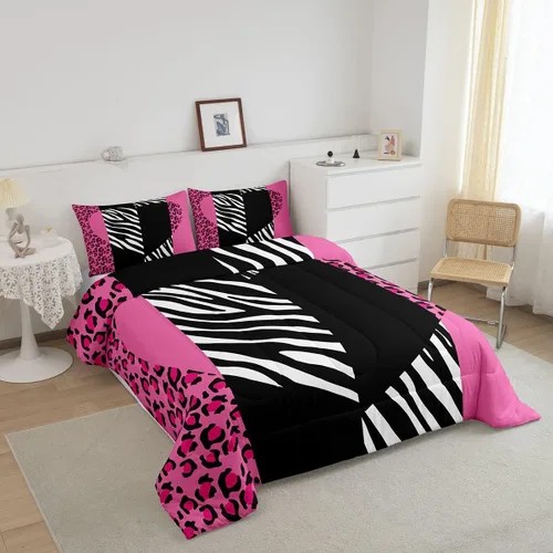 Vista 2 de Manfei Juego de edredón de leopardo rosa, tamaño individual, juego de edredón romántico con estampado de corazón con 1 funda de almohada, juego