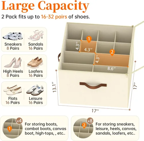 Vista 2 de Organizador de zapatos para armario, contenedores plegables de almacenamiento de zapatos, se adapta a hasta 16 pares, caja organizadora grande
