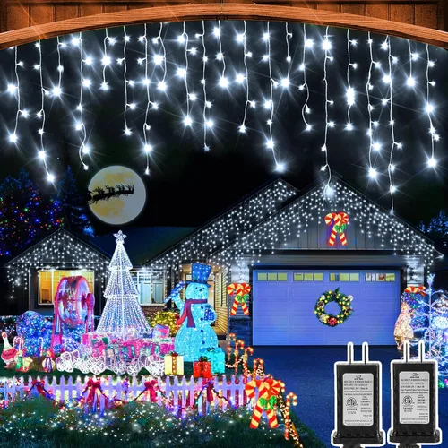 Vista 18 de Luces de Navidad para exteriores, 49 pies, 480 luces LED para exteriores, 90 tiras de luces de carámbano con 8 modos, temporizador impermeable