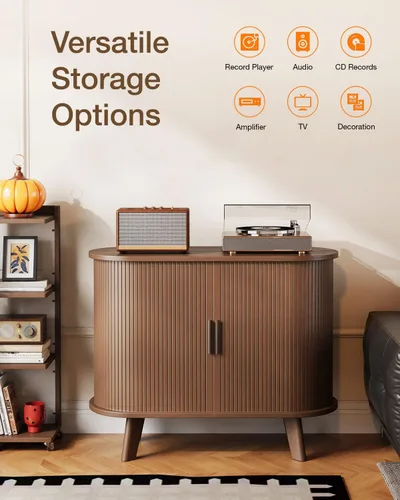 Vista 6 de Soporte para tocadiscos, mueble moderno de mediados de siglo con puertas correderas, gabinete de estantería de audio-video, soporte de medios