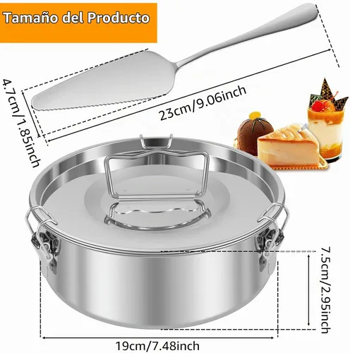 Vista 5 de Molde de flan de acero inoxidable con capacidad de 1.5 cuartos de galón con tapa y espátula, recipientes redondos para flan de 6 a 8 cuartos