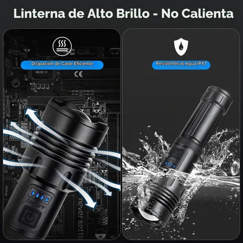 Vista 7 de Paquete de 2 linternas de 99000 lúmenes altos, linterna recargable LED súper brillante, 5 modos, IPX7 impermeable Flah Light para camping, hogar