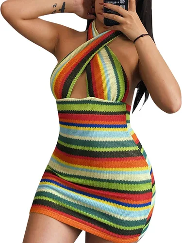 Vista 2 de Vestido de mujer sexy con cruz halter flaco para verano a la moda a rayas sin espalda de punto mini vestido club fiesta Streetwear