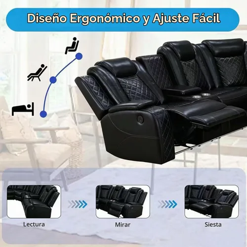 Vista 9 de Juegos de muebles de sala de Toseslo, juego de sofá reclinable eléctrico, seccional de 2 reclinables de cuero negro con luz LED, juegos modernos