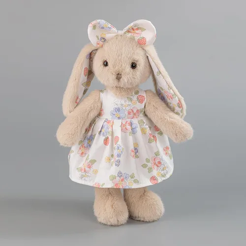 Vista 7 de Conejito de peluche de 14 pulgadas, conejo beige con vestido floral de fresa y lazo, regalo de conejo de Pascua suave para niñas, decoración