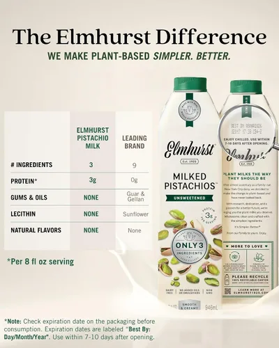 Vista 6 de Elmhurst 1925 Pistachio Milk Unsweetened - 32 Ounce (Pack of 6), Vegan
