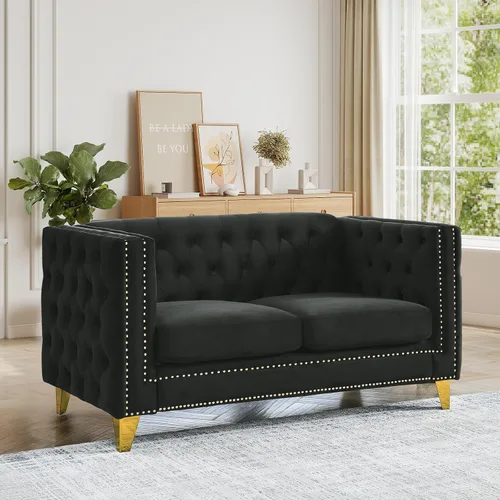 Vista 10 de JEEOHEY Juego de Sofás Chesterfield de 2, Sofá Moderno de Terciopelo con Capitoné y Ribete de Tachuelas, Sofá Tapizado de Asiento Profundo, Sofá