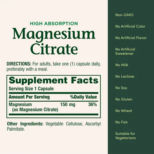 Vista 5 de Nature's Bounty Citrato de magnesio, suplemento de magnesio de alta absorción para la salud de todo el cuerpo con 150 mg de magnesio, vegetariano