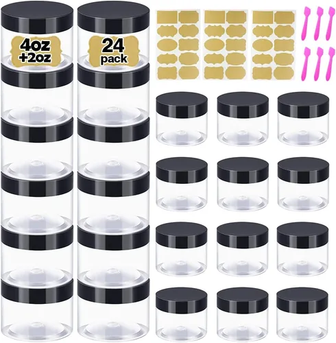 Vista 10 de Recipientes de plástico de 4 onzas con tapas + recipientes pequeños de 1 oz con tapa (juego de 24) tarros de plástico con tapas para cosméticos