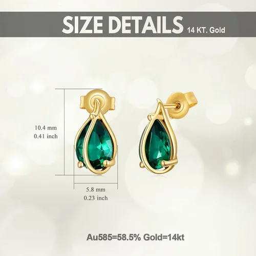 Vista 4 de MUUYON Aretes de esmeralda de oro sólido de 14 quilates con parte trasera forma de pera de oro real aretes de esmeralda creados de 0197 x 0276in