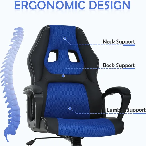 Vista 4 de Silla ergonómica para juegos de PC, silla de computadora con respaldo alto, soporte lumbar, ajustable, giratoria, de piel sintética, silla de Azul