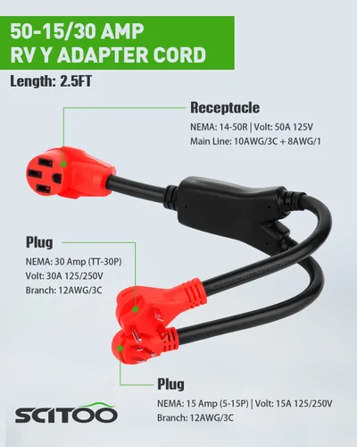 Vista 2 de SCITOO Adaptador de cable de alimentación RV Y-Split, hembra de 50 amperios a (1) 30 amperios - (1) adaptador macho RV de 15 amperios, adaptador
