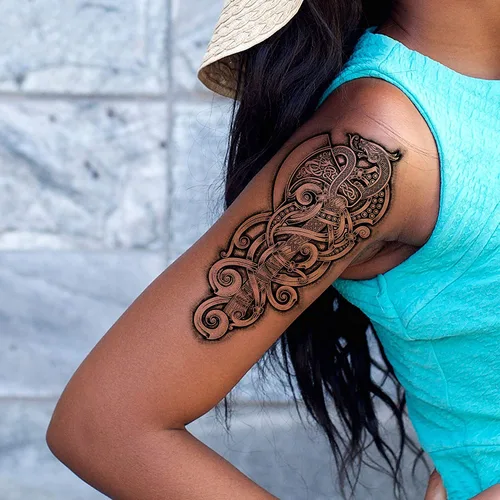 Vista 4 de 2 tatuajes temporales con hacha vikinga, dragón, nórdico, palo negro, tribal, bárbaro, celta, guerrero, en el cuerpo, pegatina de transferencia