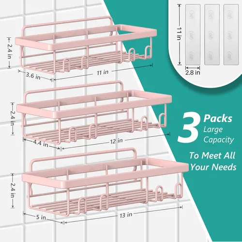 Vista 2 de Cusbus Organizador de ducha, paquete de 3, estantes adhesivos sin rastros, estantes sin rastros de perforación, estante de baño de acero inoxidable