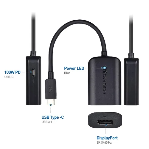 Vista 2 de Cable Matters Adaptador USB C a DisplayPort (adaptador USB C a DP) con carga de 100 W y 8K 60 Hz - Thunderbolt 4 / USB4 / Thunderbolt 3 Puerto