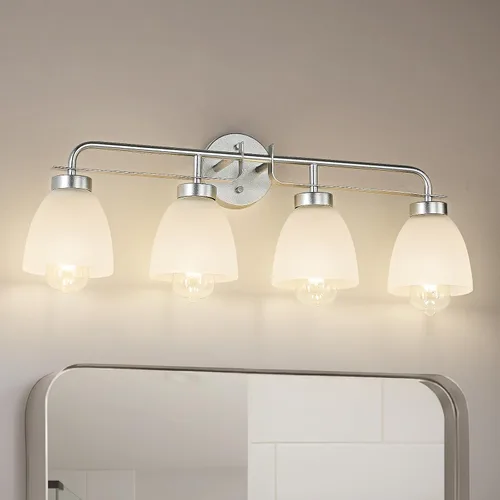 Vista 15 de Luces de tocador modernas de mediados de siglo de 16 pulgadas, lámpara dorada de 2 luces con pantallas de campana blancas esmeriladas, aplique