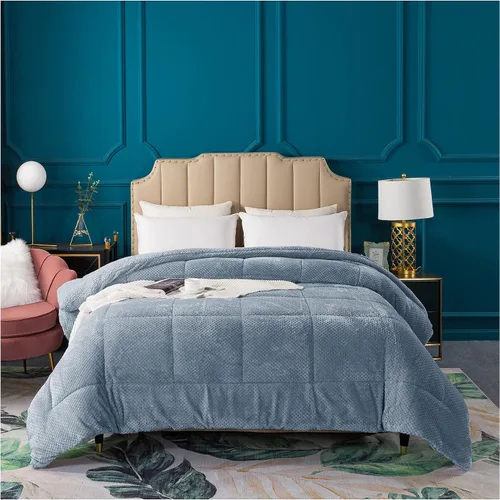 Vista 13 de KASENTEX - Edredón de lujo súper ultra suave de sherpa de pelo sintético, ropa de cama reversible apta para lavar a máquina, en color azul cielo