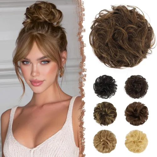 Vista 18 de FESHFEN - Extensiones de moño desordenado humano 100% cabello real, piezas de cabello rizado, extensiones de cola de caballo, cabello ondulado
