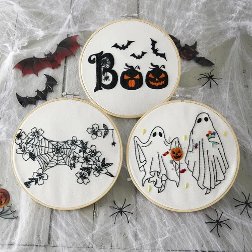 Vista 4 de Kit de bordado de Halloween para adultos principiantes, kit de punto de cruz estampado para adultos principiantes, kit de inicio de bordado a mano