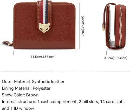 Vista 4 de FOXLOVER Cartera pequeña de piel sintética para mujer, con bloqueo RFID, con cremallera, bolsillo para monedas, ventana de identificación