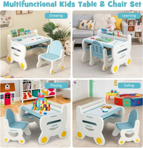 Vista 8 de Costzon - Juego de mesa y silla para bebé, escritorio de actividades de plástico con pizarra, bolígrafos de acuarela, borrador de pizarra y estante
