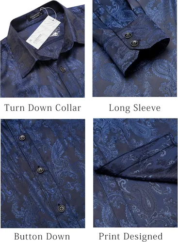 Vista 5 de COOFANDY Camisa de vestir con estampado floral para hombre, camisas de manga larga con botones de cachemira para boda, fiesta, baile de graduación