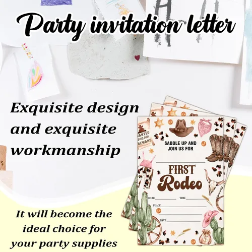 Vista 7 de Invitaciones de fiesta de cumpleaños de vaquero para niños y niñas, tarjetas de invitación My First Rodeo, 20 tarjetas de invitación retro