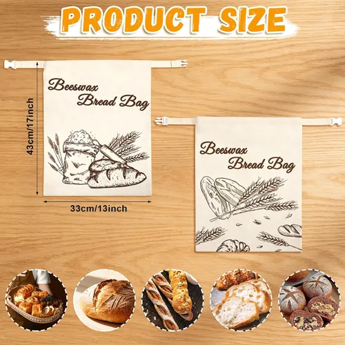 Vista 6 de Augshy Paquete de 2 bolsas de pan de cera de abeja para pan casero de 17 x 13 pulgadas, bolsas de pan reutilizables de masa madre con asa