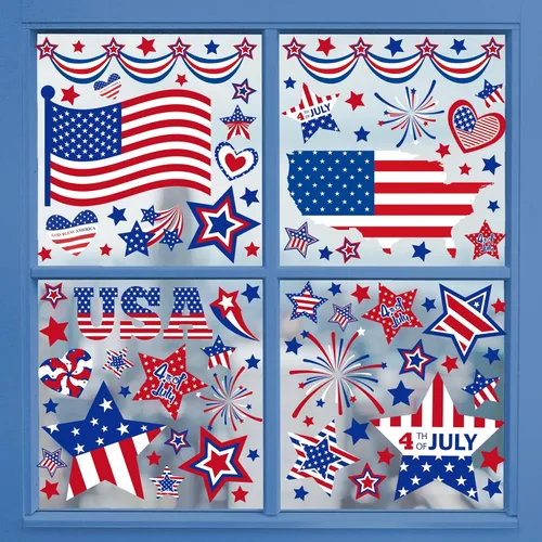 Vista 2 de Decoraciones patrióticas para ventanas del 4 de julio, 9 hojas de calcomanías de ventana de bandera estadounidense para ventanas de vidrio