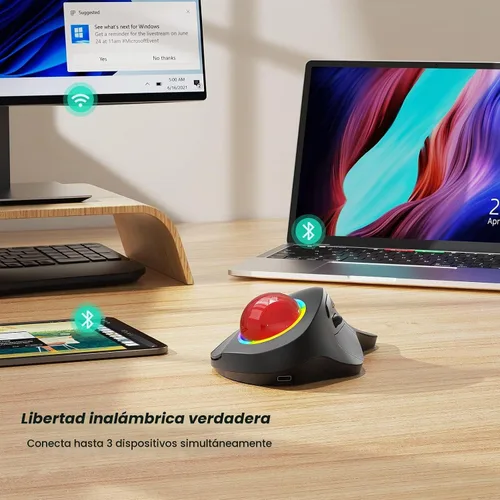 Vista 6 de Nulea M505B Ratón Trackball Inalámbrico, Ratón Ergonómico Recargable RGB Rollerball, Control Fácil con Dedo Índice con 5 DPI Ajustables, Conexión