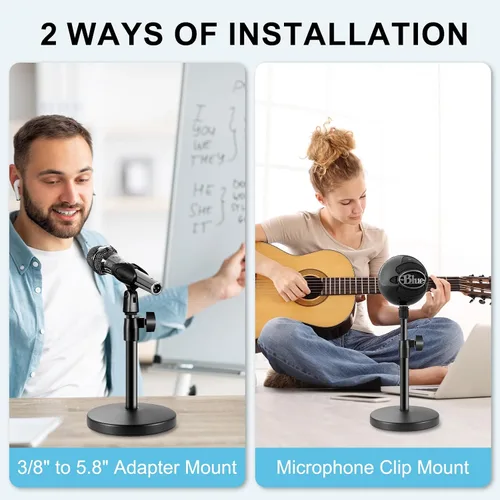 Vista 5 de Soporte de micrófono de escritorio 2 en 1, base redonda de metal mejorada, soporte de micrófono ajustable con clip de micrófono, clip para teléfono