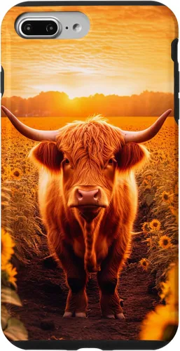 Vista 12 de iPhone 12 mini Estética Scottish Highland Cow In Sunflower Field Sunset Case